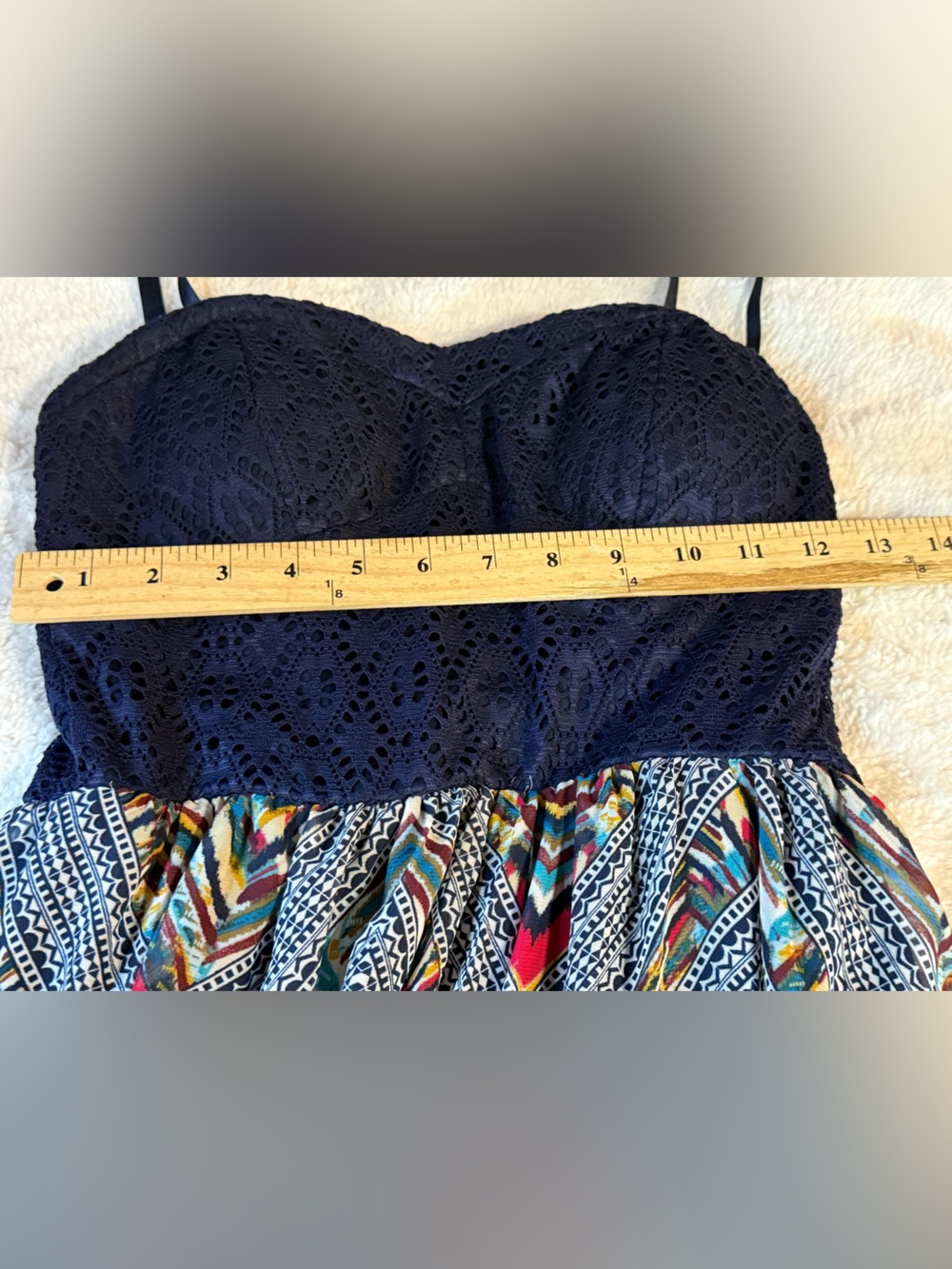 Lily Rose Mixed Media Maxi Dress Navy Blue Lace Bodice Geometric Chevron Ikat - Picture 9 of 9